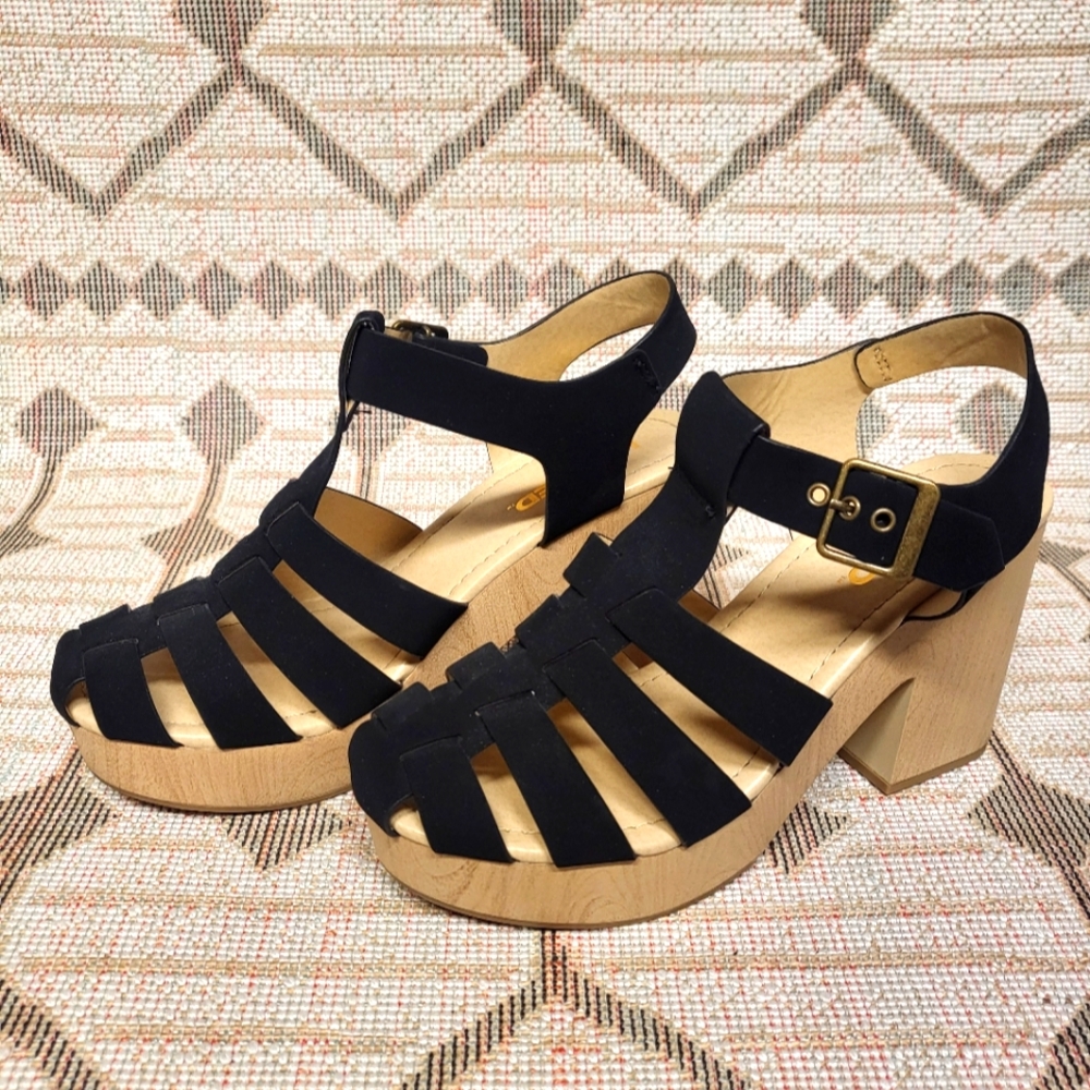 Unr8ted Womens Fisherman Clog 4 inch Wood Heeled Sandals Size 8.5